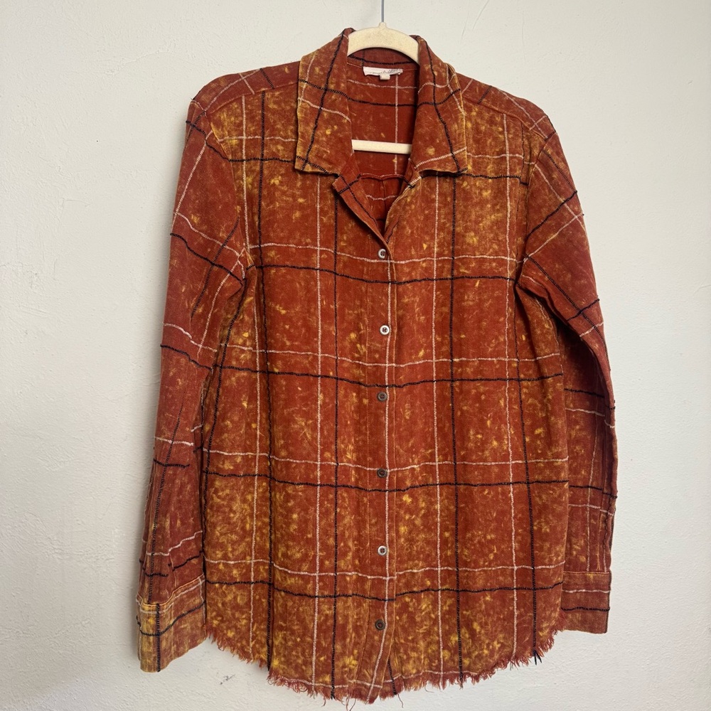Mystree Orange Rust Abstract Plaid Long Sleeve Button Down